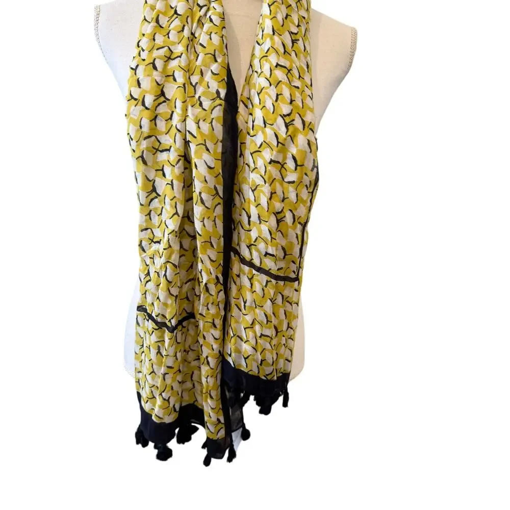 Ann Taylor Soft Travel Scarf Yellow Navy Blue Print Tassel Detail